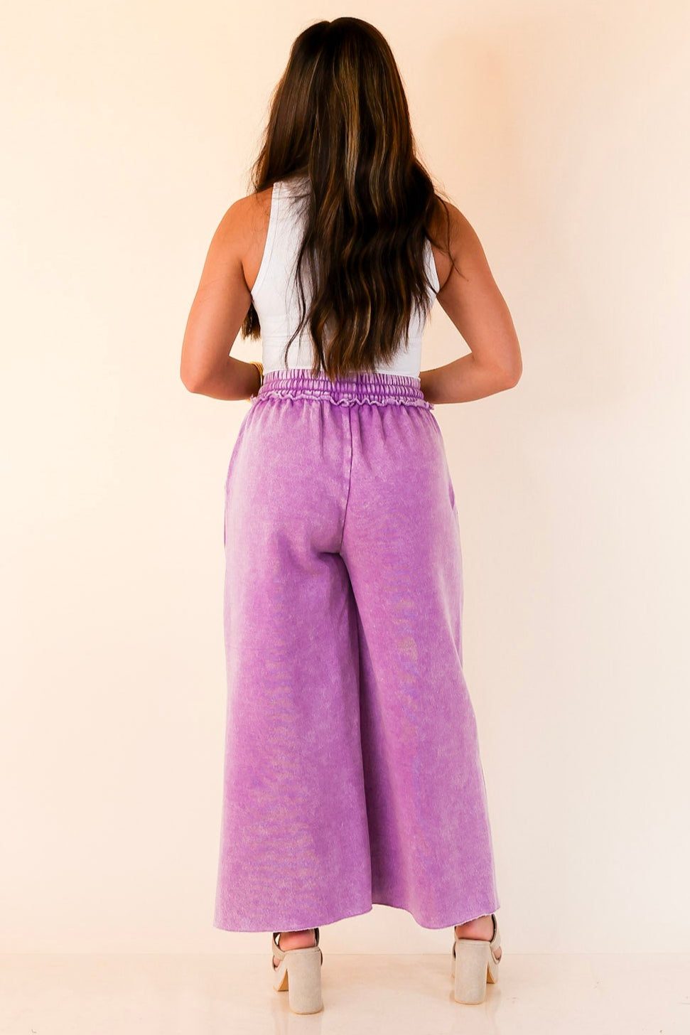 Cozy Girl Cropped Acid Washed Drawstring Pant in Violet Magenta