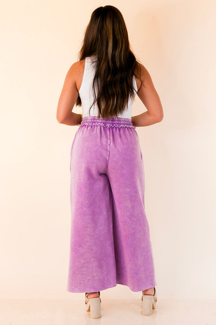 Cozy Girl Cropped Acid Washed Drawstring Pant in Violet Magenta