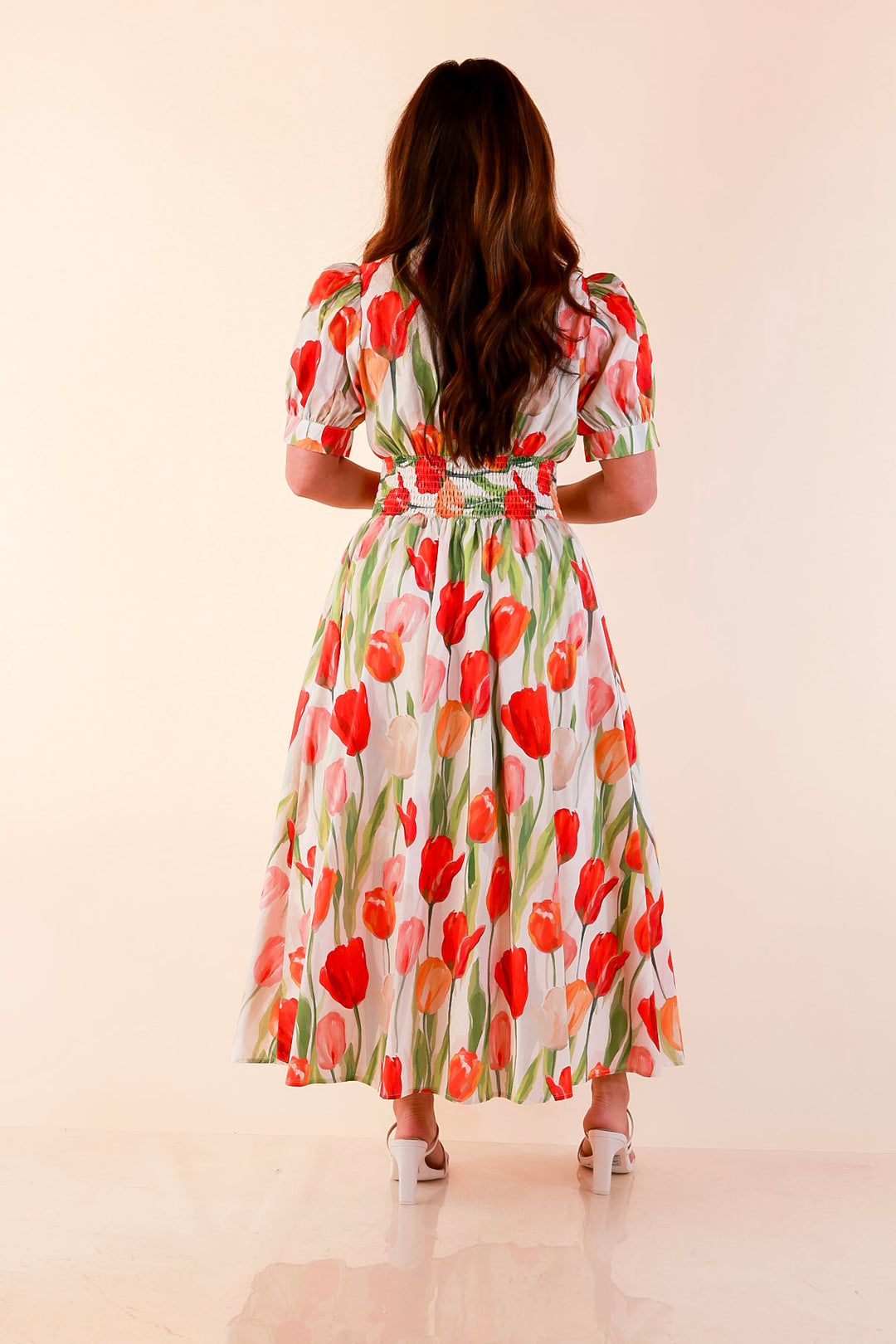 Modern Charm Zip Front Midi Tulip Print Dress with Smocked Waist and Short Sleeves in Cream