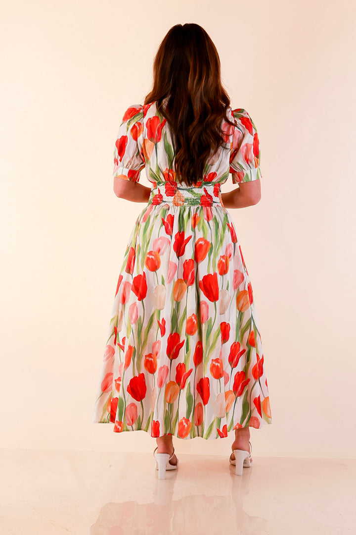 Modern Charm Zip Front Midi Tulip Print Dress with Smocked Waist and Short Sleeves in Cream