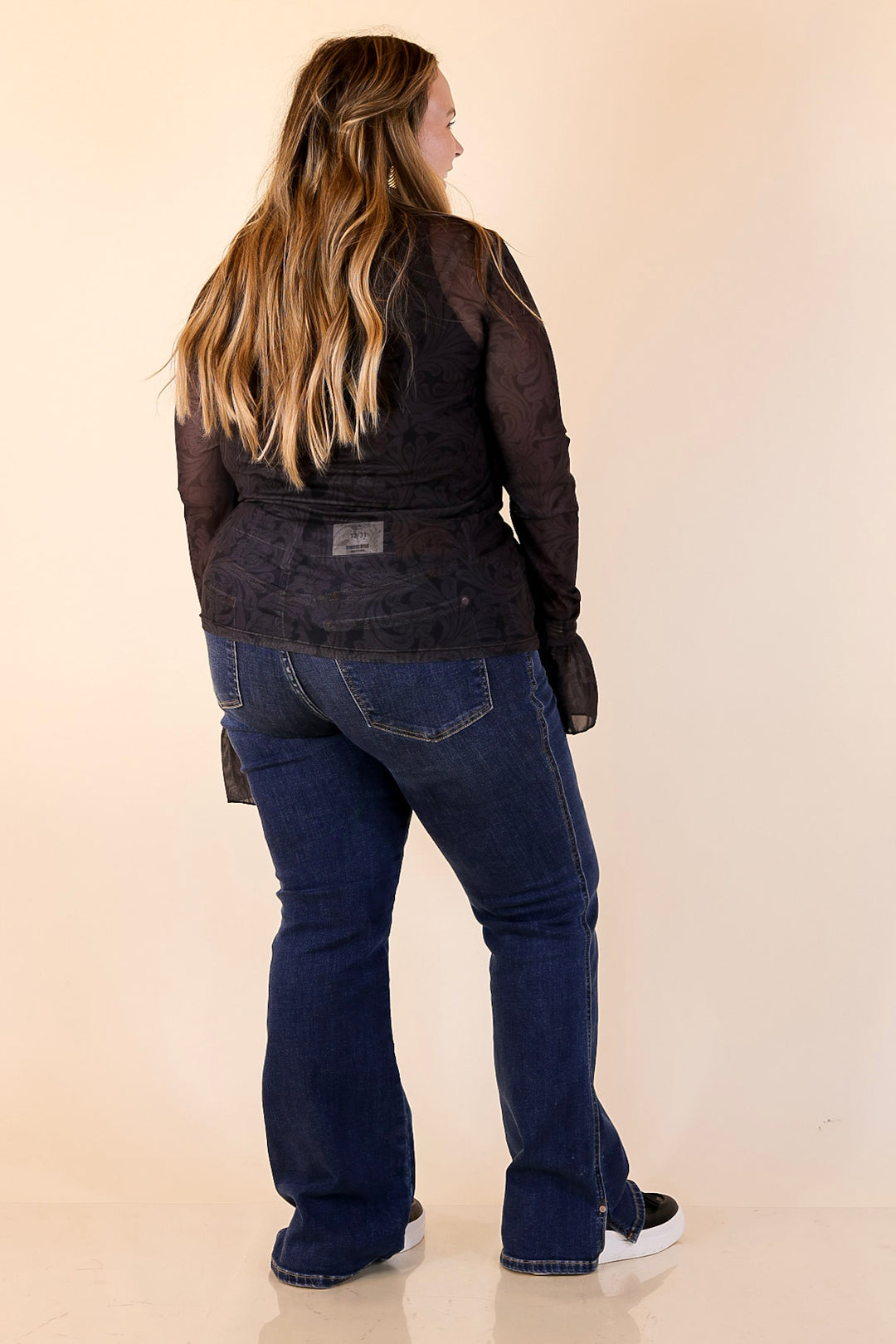 Sheer and Sophisticated Tooled Print Long Sleeve Mesh Top with Ruffle Sleeves in Black