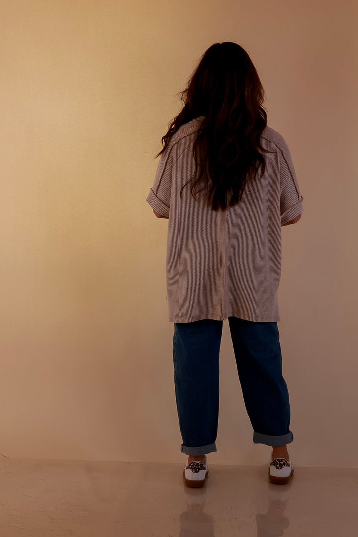 Daily Perfection Scoop Neck Short Sleeve Ribbed Top in Beige