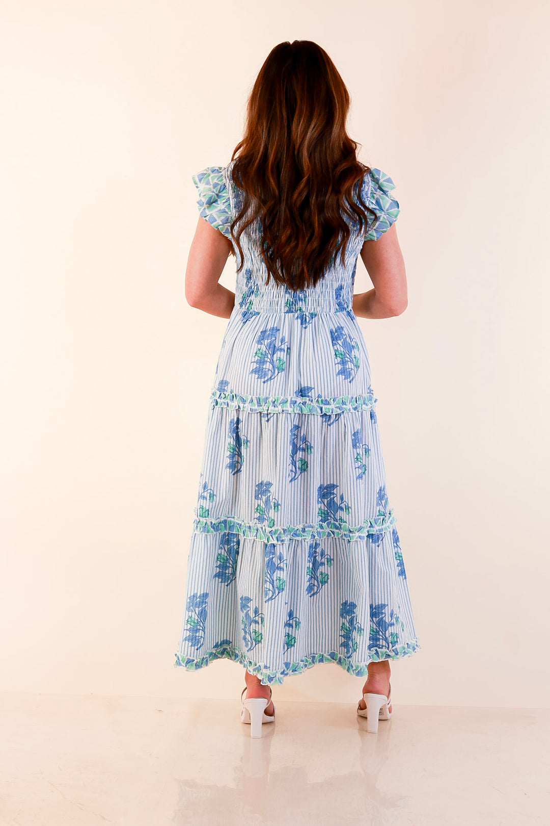 Mud Pie | Graceful Charm Smocked Floral and Stripe Print Tiered Midi Dress with Ruffle Sleeves in Blue
