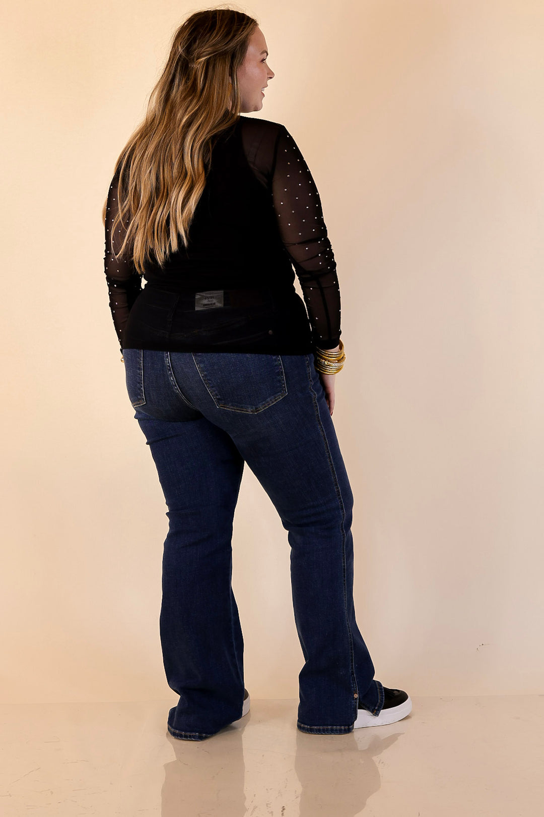 Sheer Confidence Solid Mesh Long Sleeve Top with Rhinestone Detailing in Black