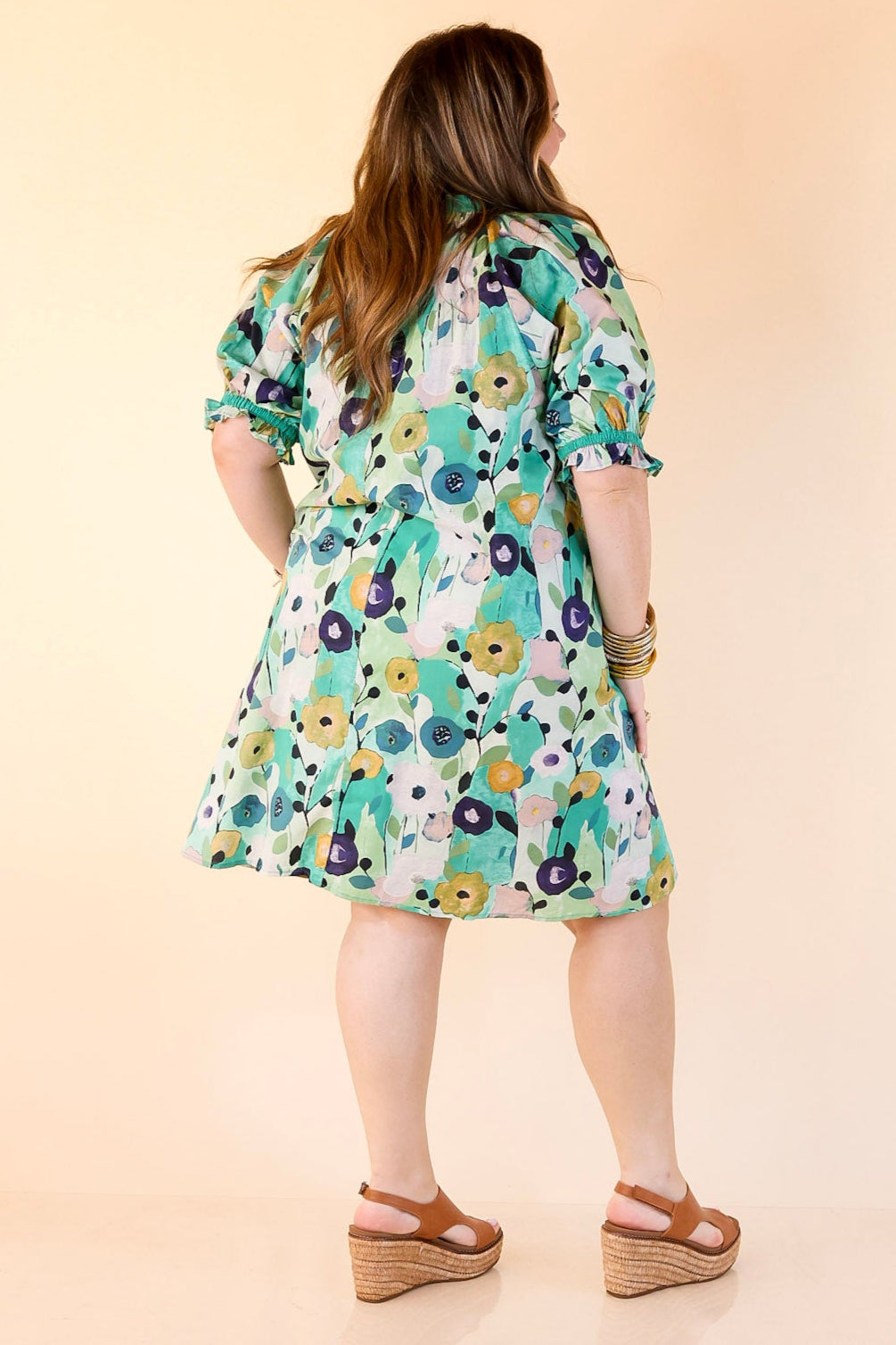 Painted in Petals Abstract Floral Dress with Striped V-Neck in Jade Mix