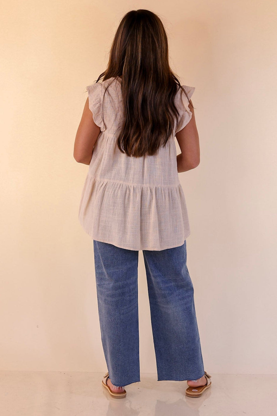 Stay Wonderful Solid Tiered Top with Ruffle Cap Sleeves in Natural