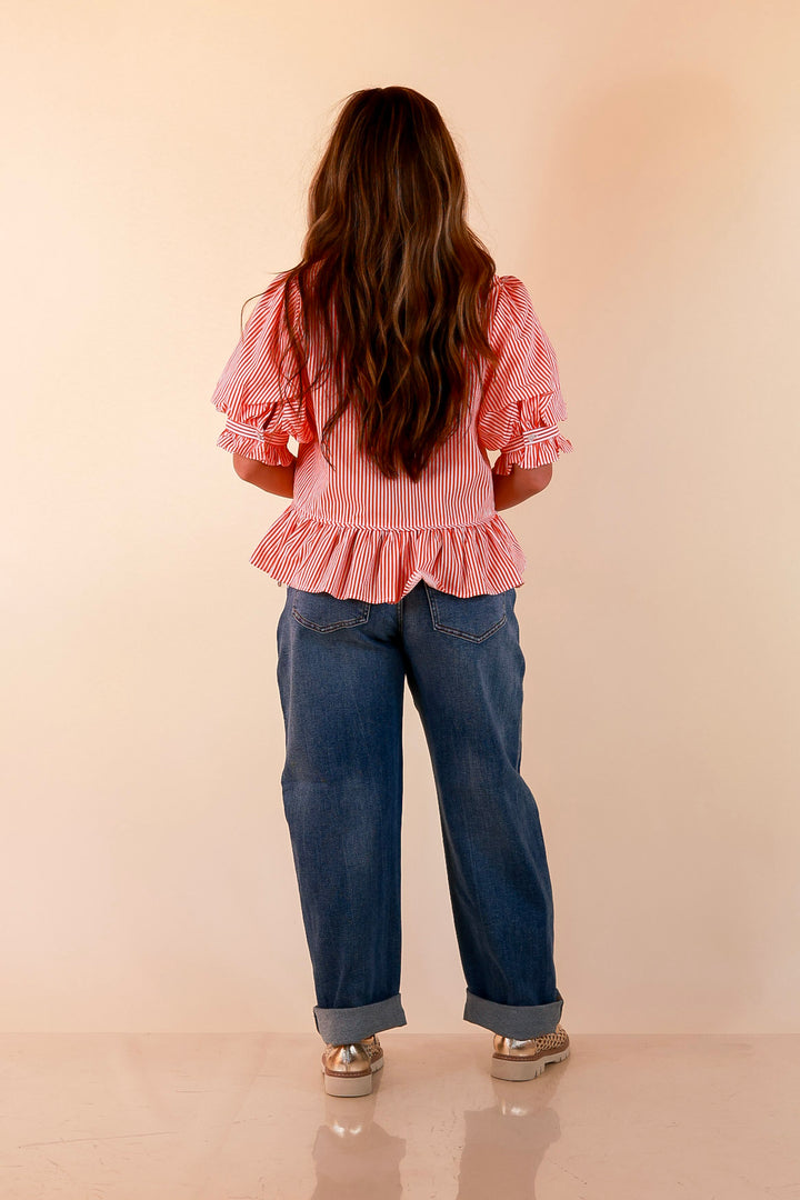 Tea Time Charm Tie Neck Puff Sleeve Peplum Button Front Stripe Blouse in Orange