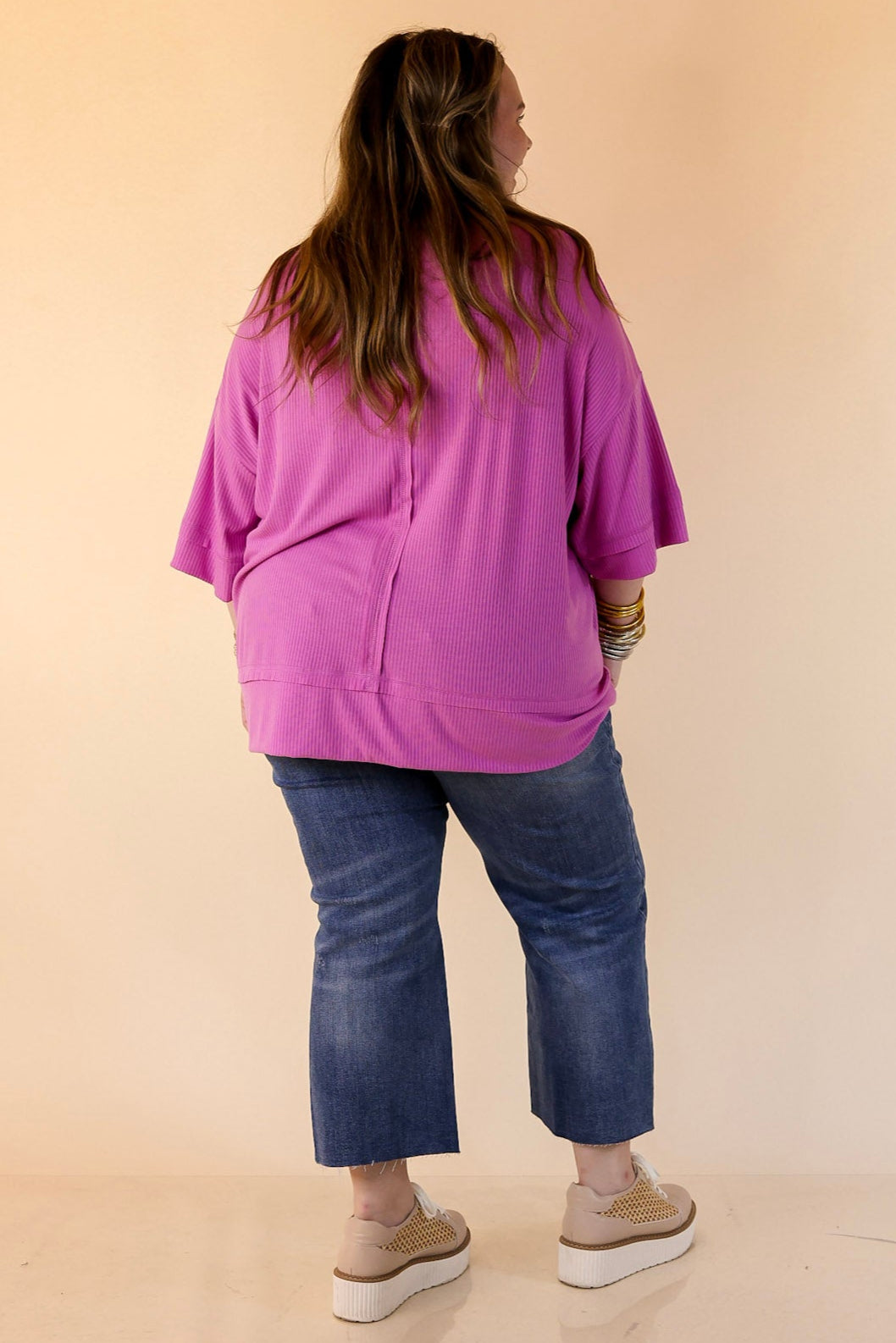 Subtle Spark Crew Neck Short Sleeve Shirt with Seam Detailing in Mauve