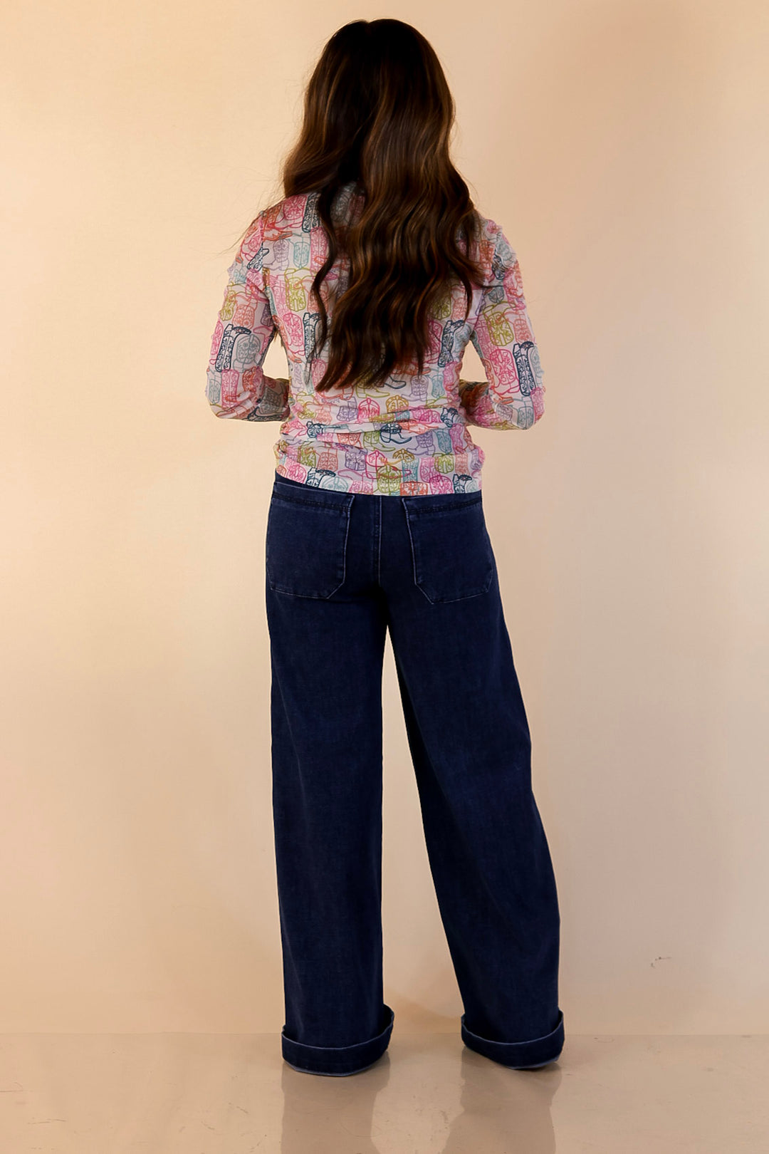 Western Dream Neon Boot Print Mesh Long Sleeve Top in White