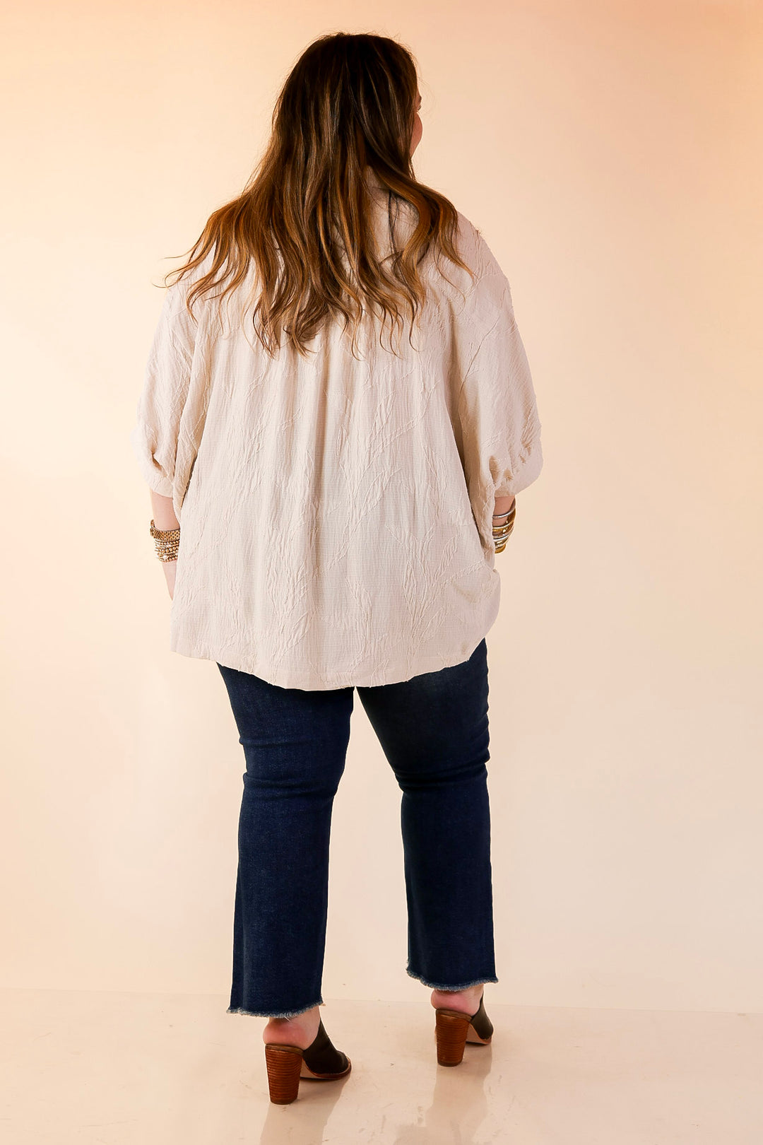 Flirty in Floral Textured Floral Print Button Up Collared Blouse in Cream