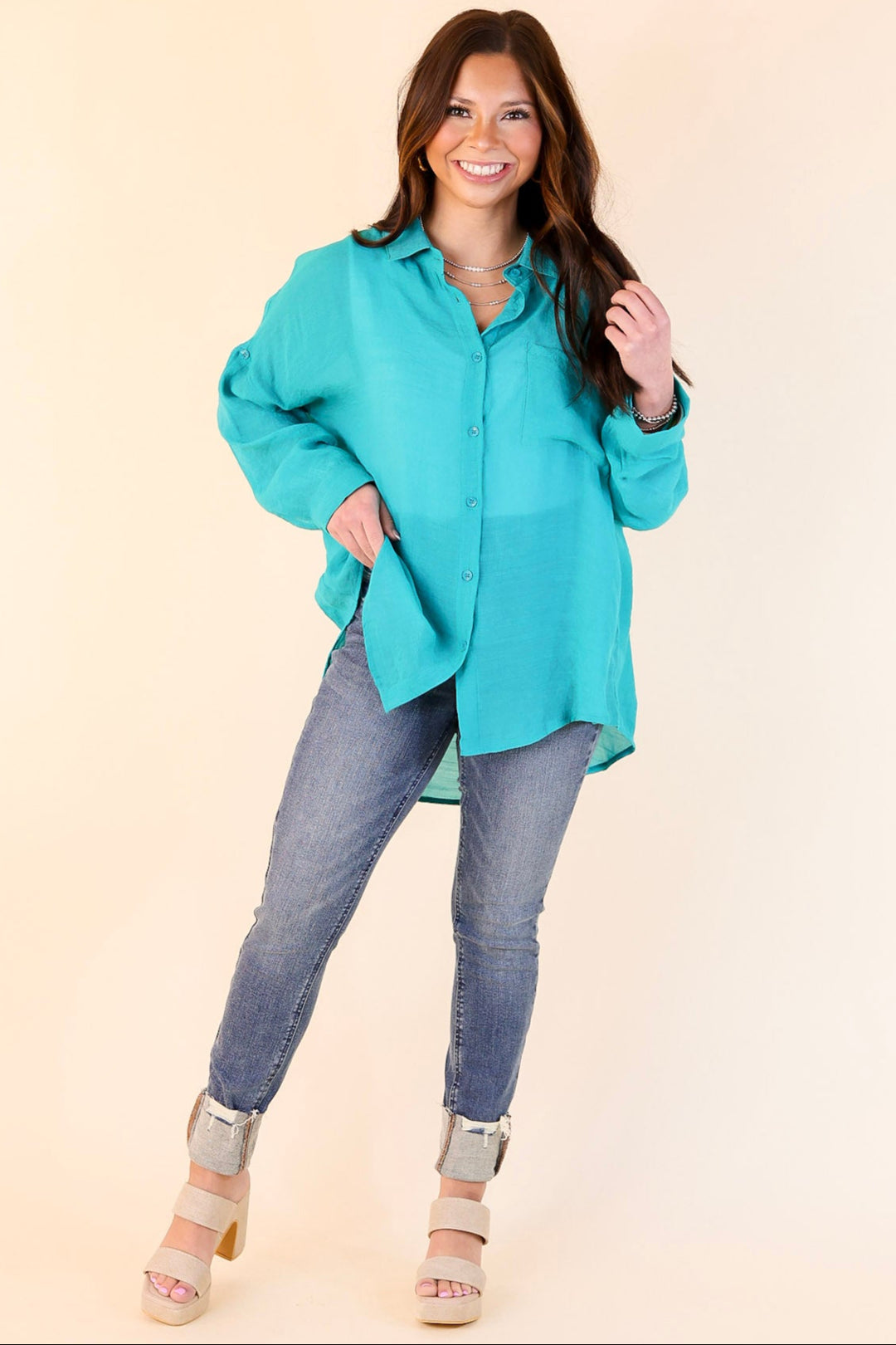 Look on the Bright Side Button Up Long Sleeve in Turquoise Blue