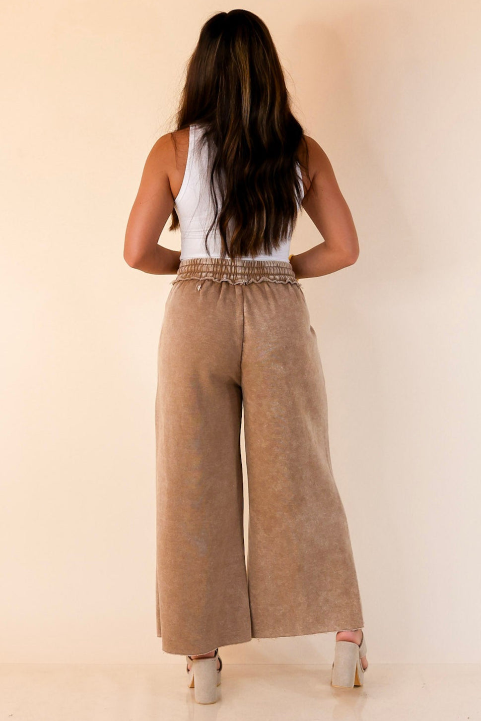Cozy Girl Cropped Acid Washed Drawstring Pant in Caramel Brown