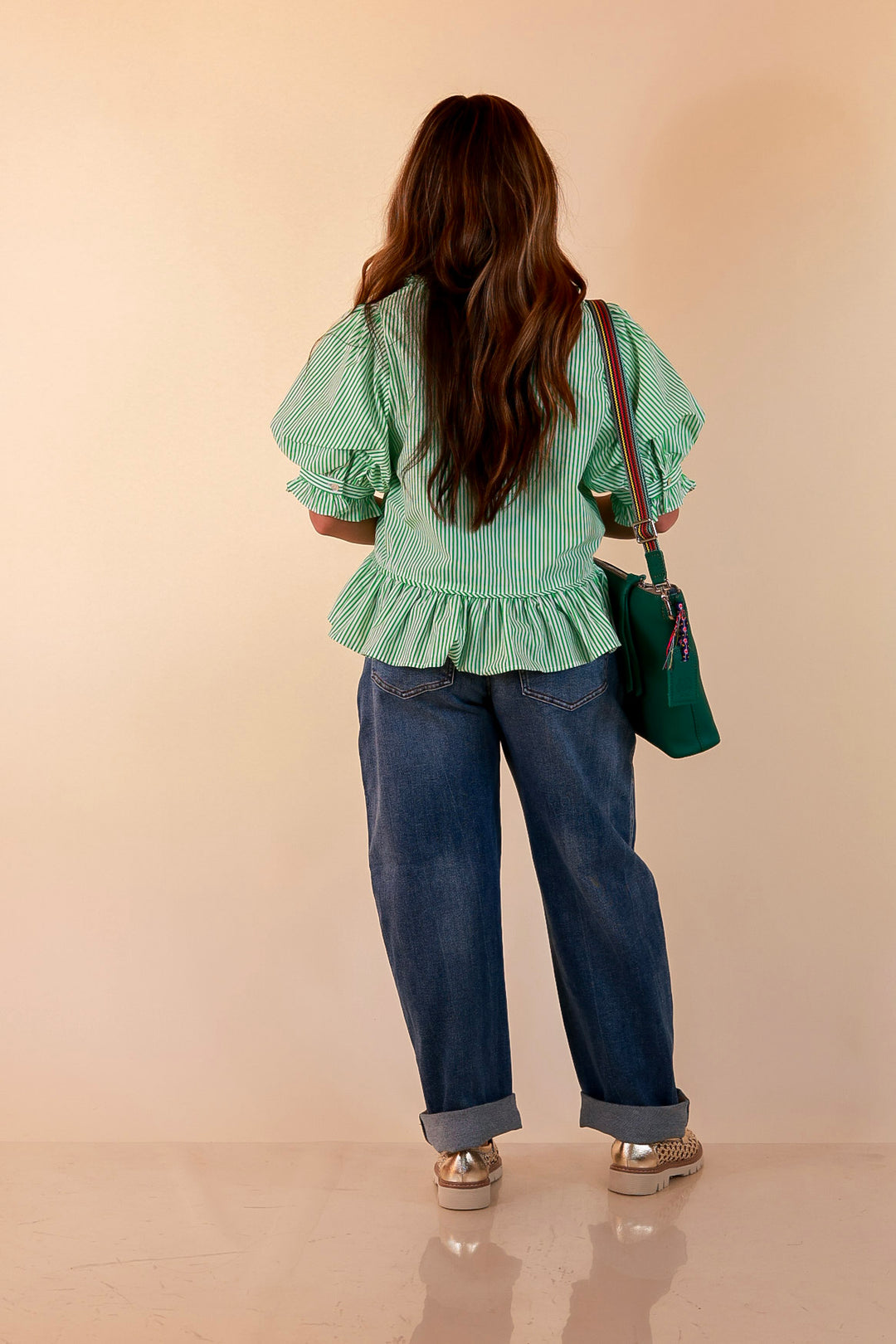 Tea Time Charm Tie Neck Puff Sleeve Peplum Button Front Stripe Blouse in Kelly Green