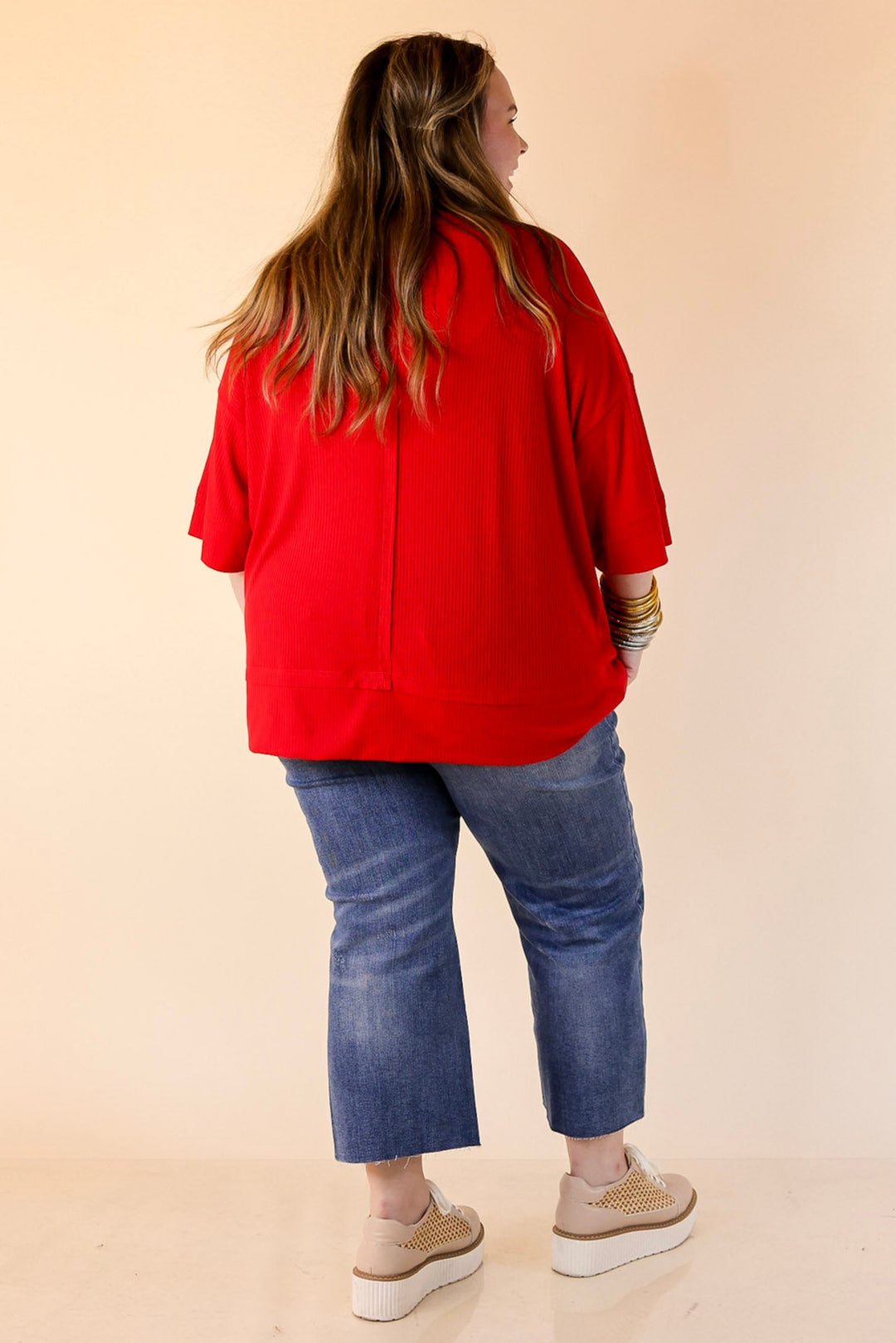 Subtle Spark Crew Neck Short Sleeve Shirt with Seam Detailing in Red