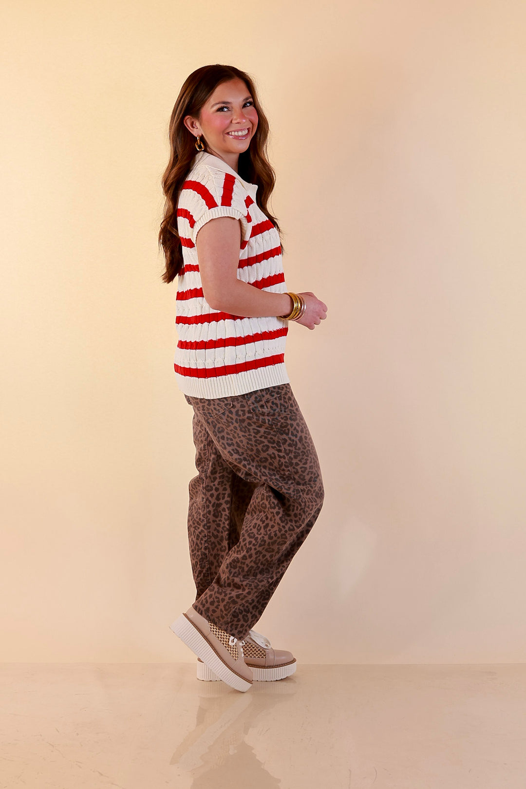 Signature Stripe Drop Shoulder Cable Knit Collared Polo Top in Ivory with Red Stripes