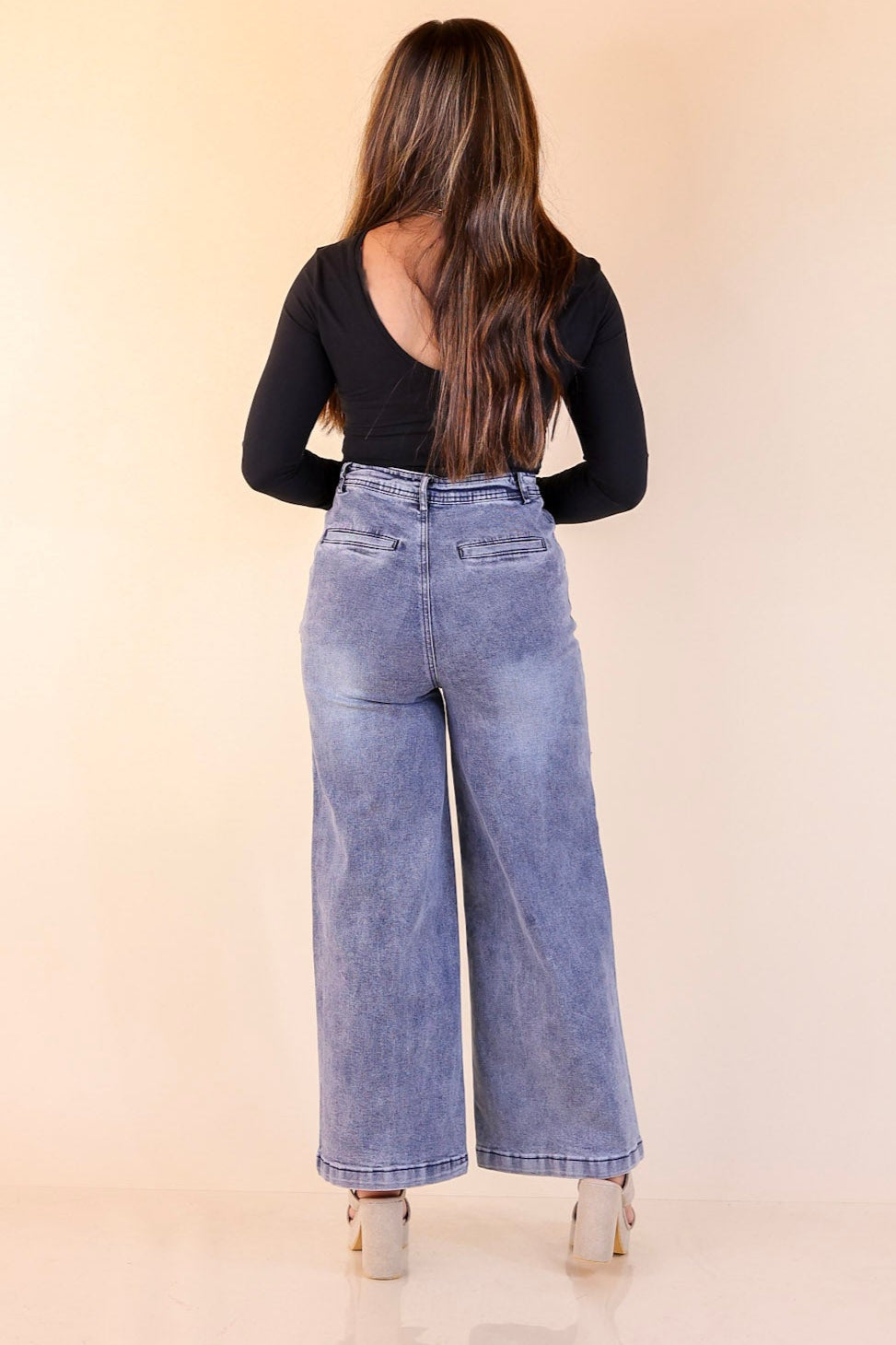 Ripple & Roll Denim Wide Leg Jean with Ruffled Front Seam in Acid Wash