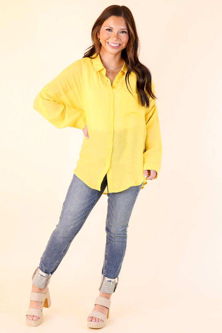 Look on the Bright Side Button Up Long Sleeve in Lemon Yellow