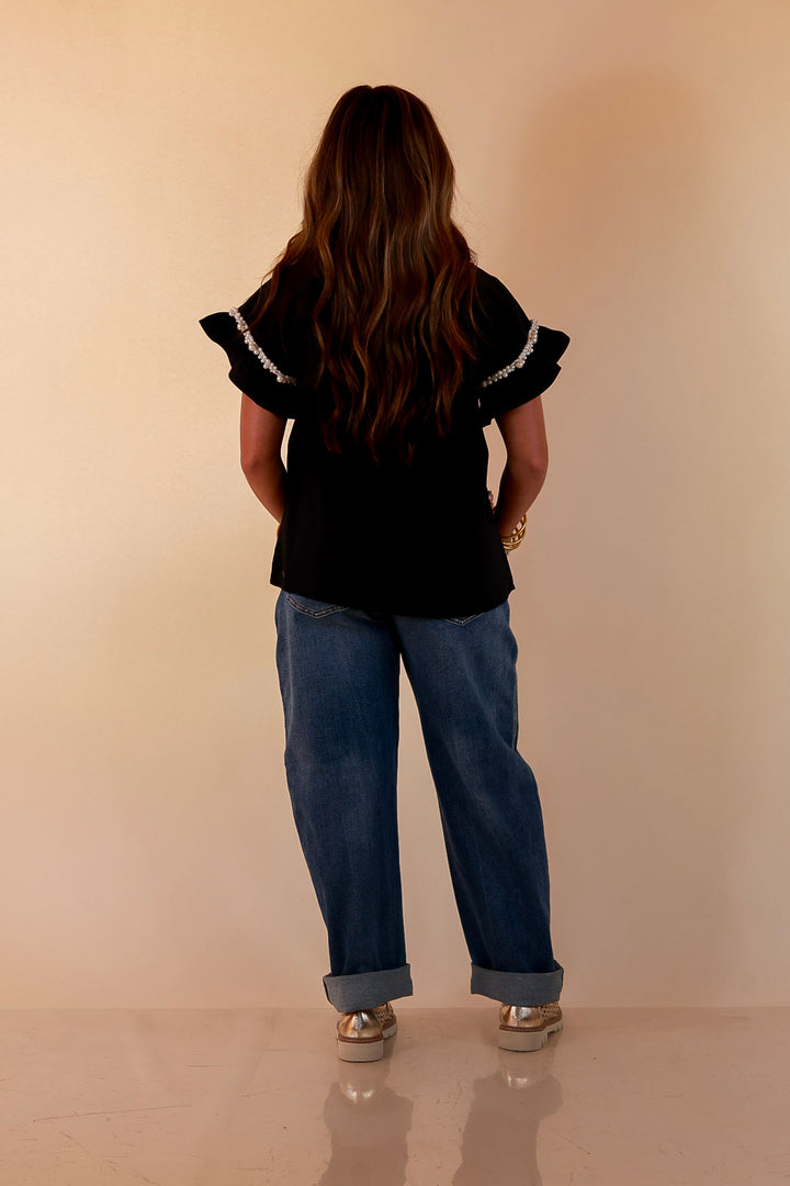 Pearl Perfection Pearl Trim Ruffle Sleeve Button Front Top in Black