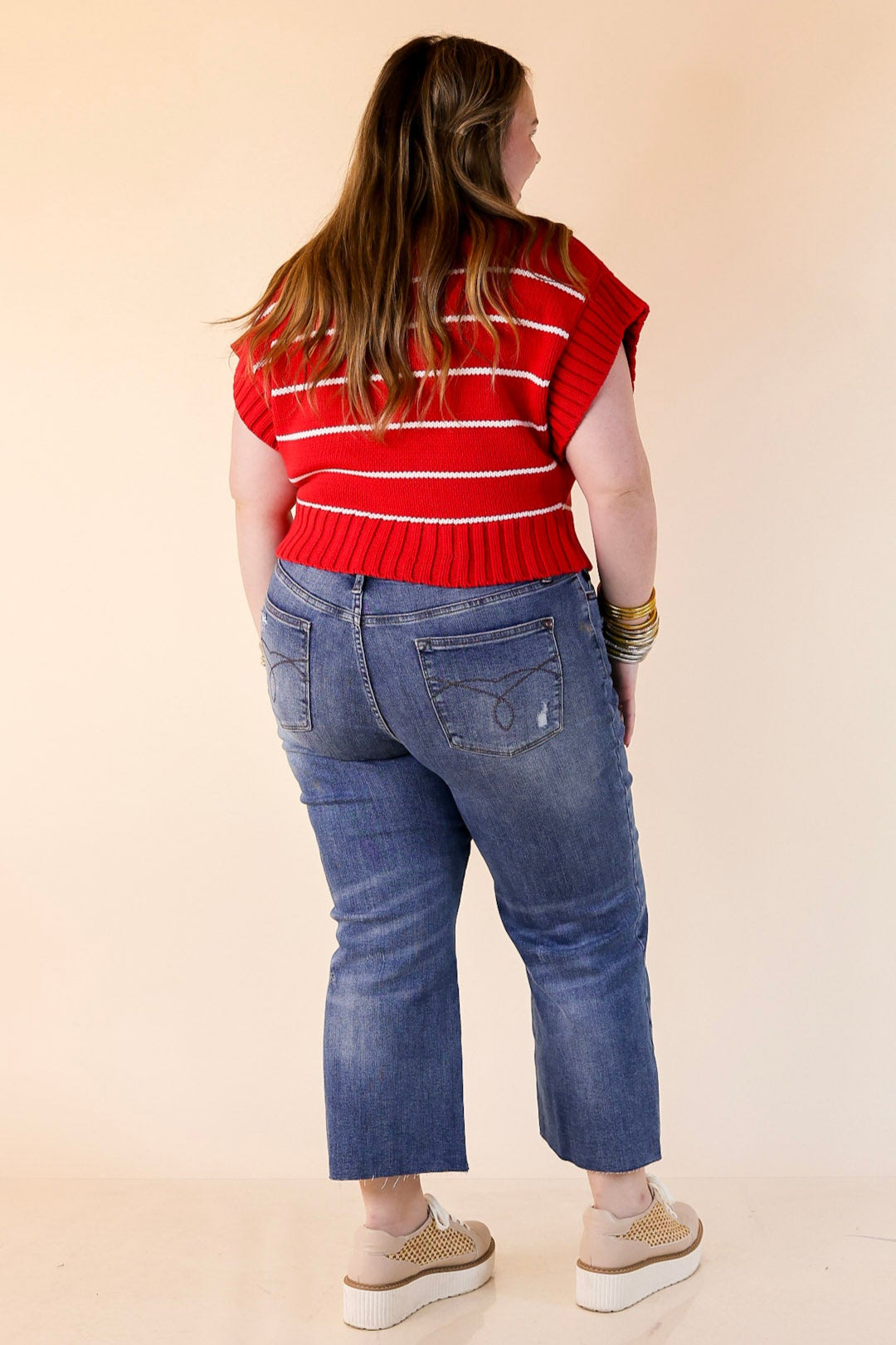 Sweet in Stripes Short Sleeve Striped Mock Neck Sweater in Red