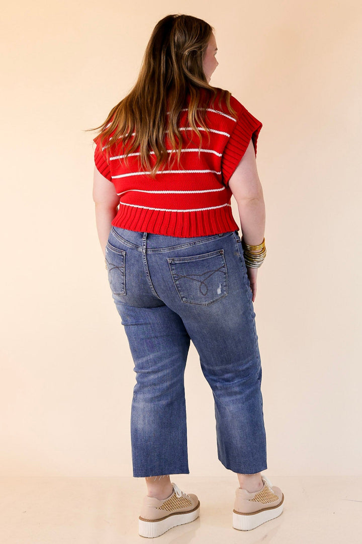 Sweet in Stripes Short Sleeve Striped Mock Neck Sweater in Red