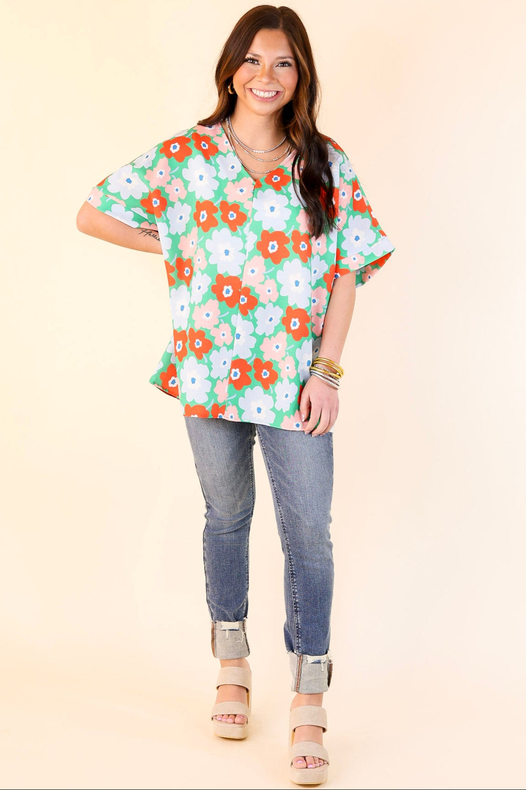 Sunny Refresh Floral V Neck Top in Green Mix