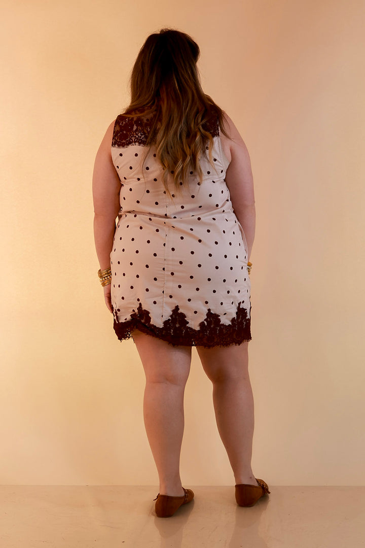 Lovely Little Details Polka Dot Lace Trim Sleeveless Shift Dress in Ivory and Chocolate Brown