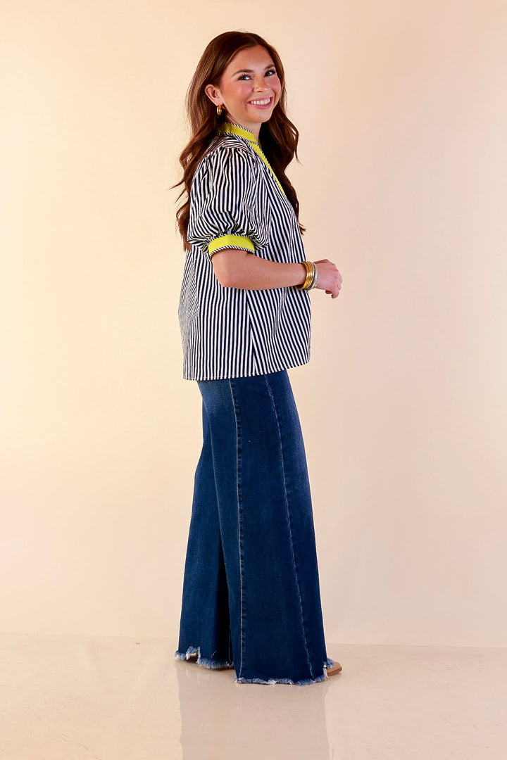 Pop of Polish Short Puff Sleeve Button Front Top with Contrast Trim in Navy Blue, White and Lime