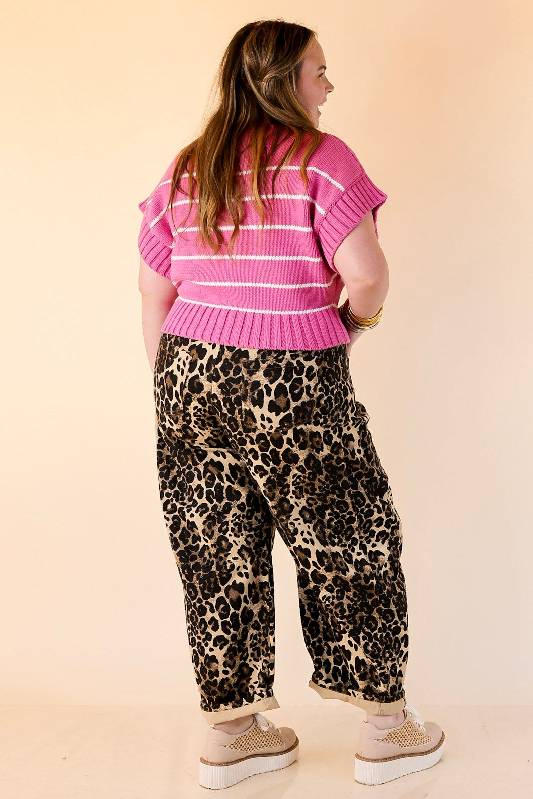 Sweet in Stripes Short Sleeve Striped Mock Neck Sweater in Bright Mauve Pink