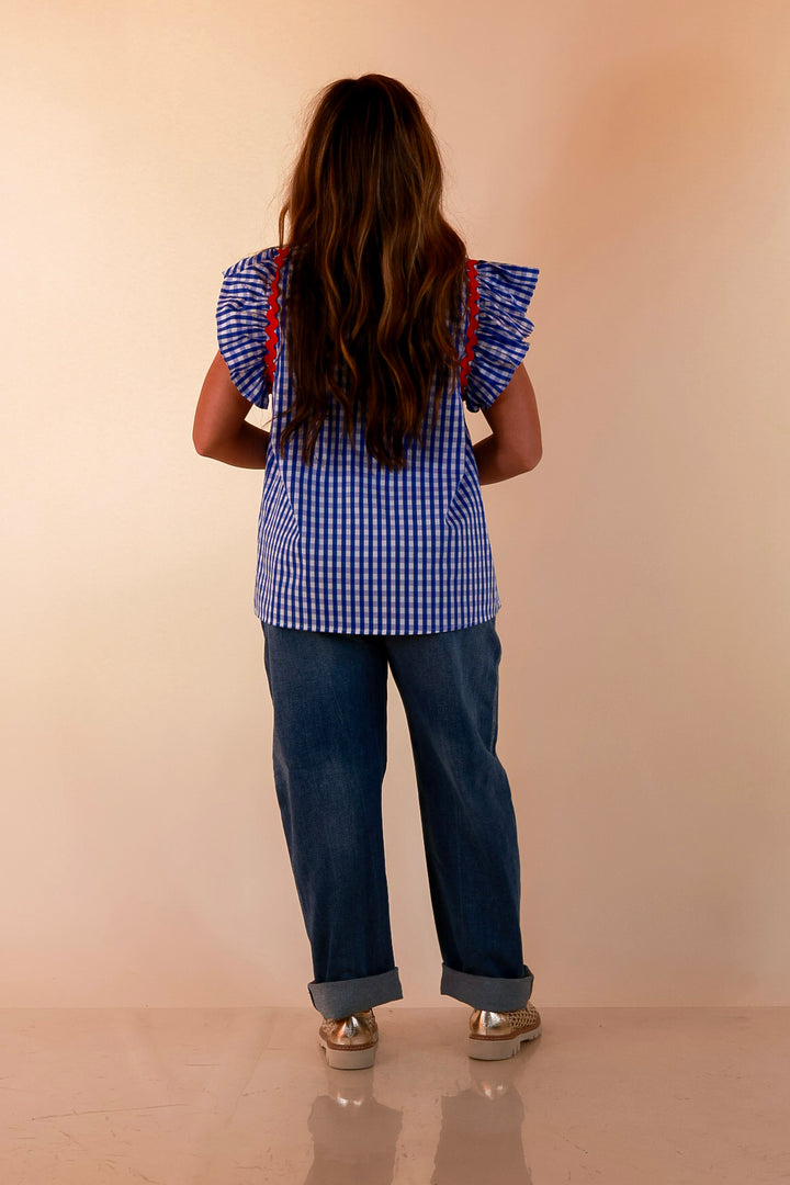 Sweet Tea Social Ruffle Sleeve Gingham Top with Ric Rac Trim in Royal Blue
