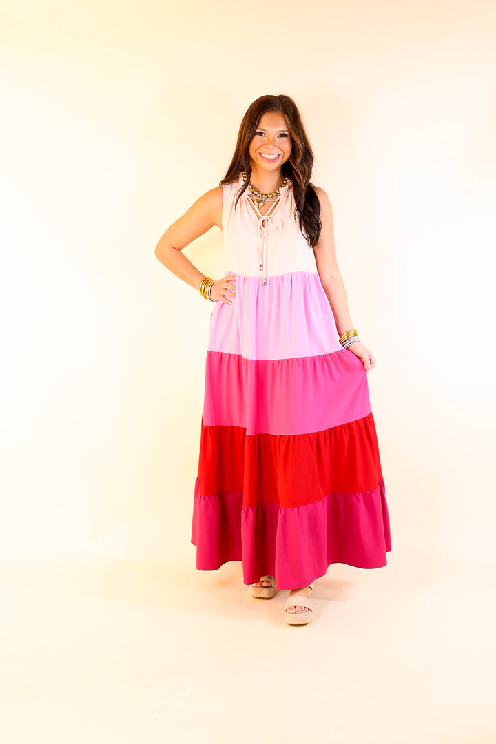 Calm Waters High Neck Tiered Maxi Dress in Pink Mix