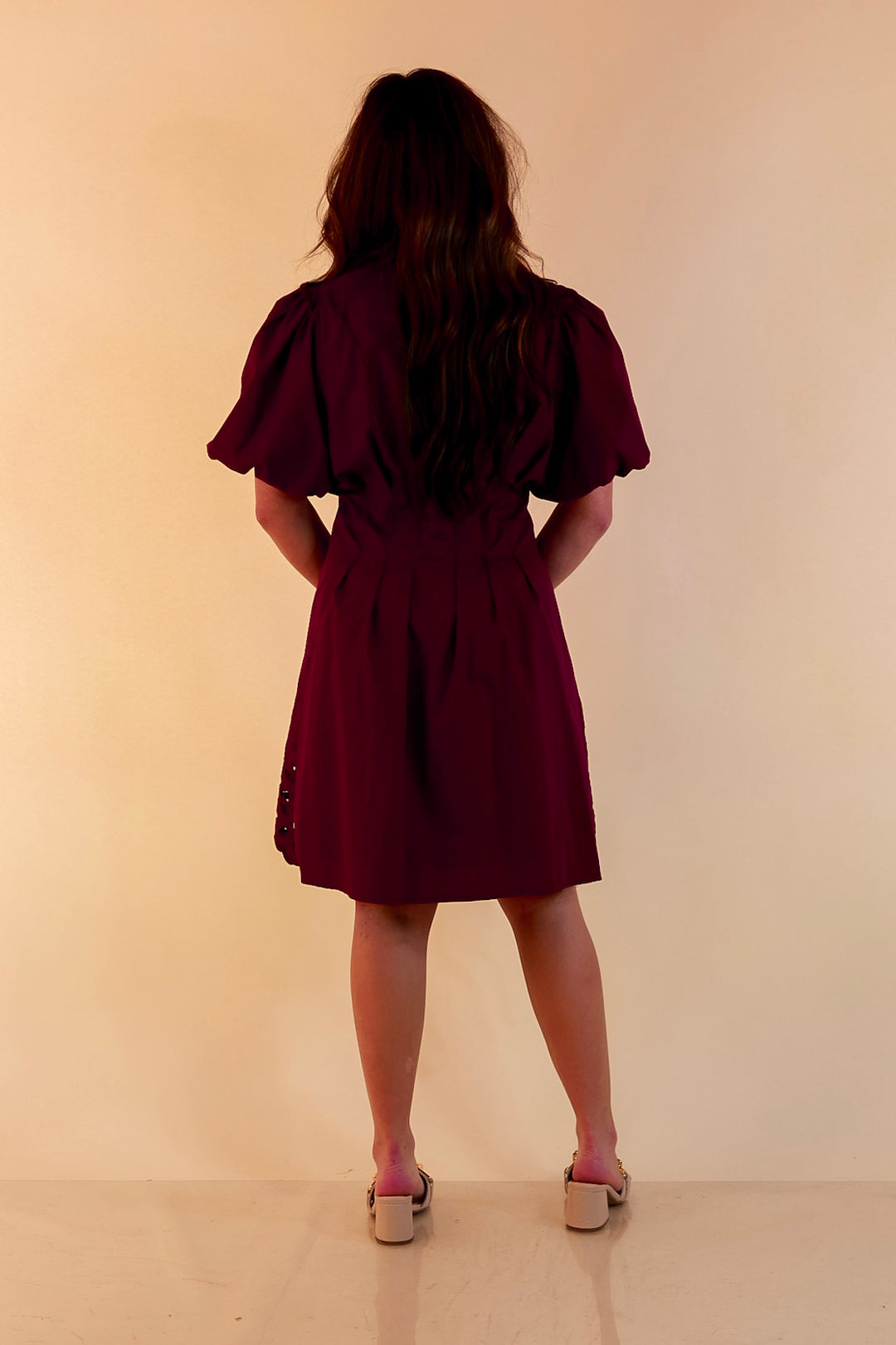 Plans to Impress Button Up Collared Eyelet Lace Trim Dress with Puff Sleeves in Maroon