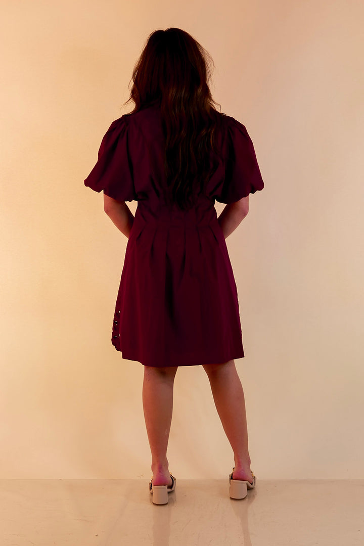 Plans to Impress Button Up Collared Eyelet Lace Trim Dress with Puff Sleeves in Maroon