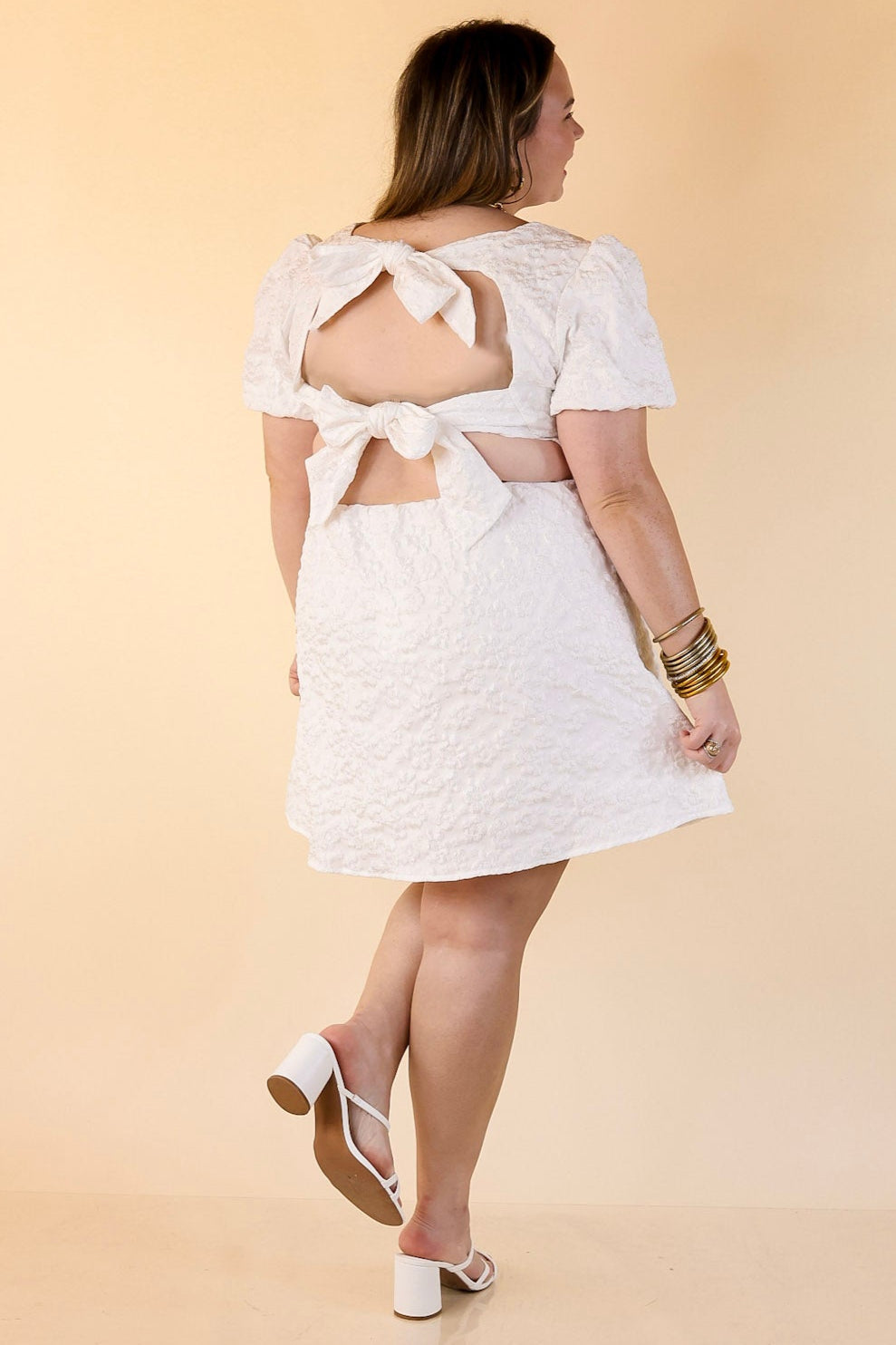 Wrapped in Petals Floral Tie-Back Dress with Puff Sleeves in Ivory