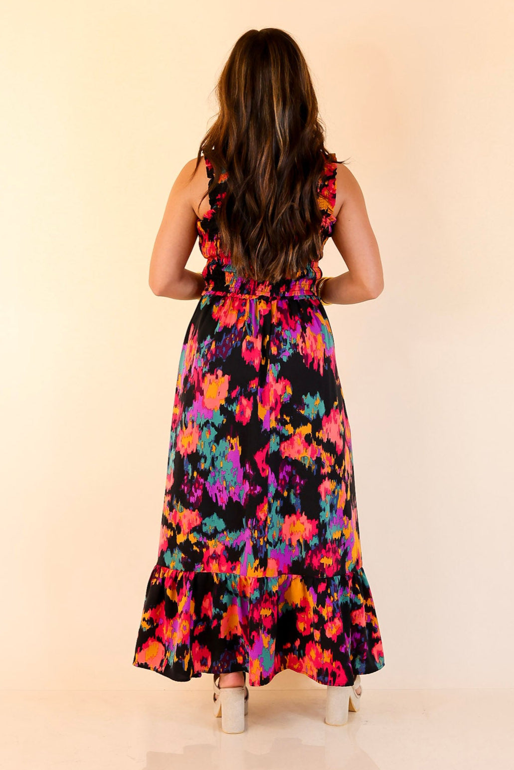 My Night Out Smocked Bodice Dress with Multicolor Abstract Print in Black