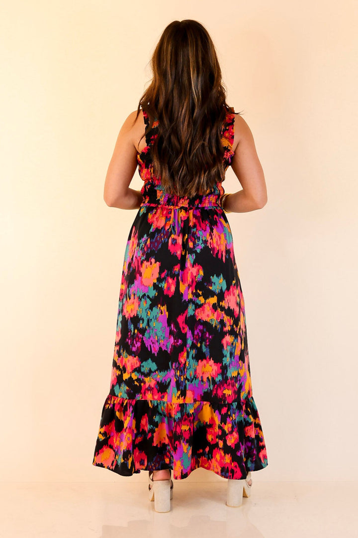My Night Out Smocked Bodice Dress with Multicolor Abstract Print in Black