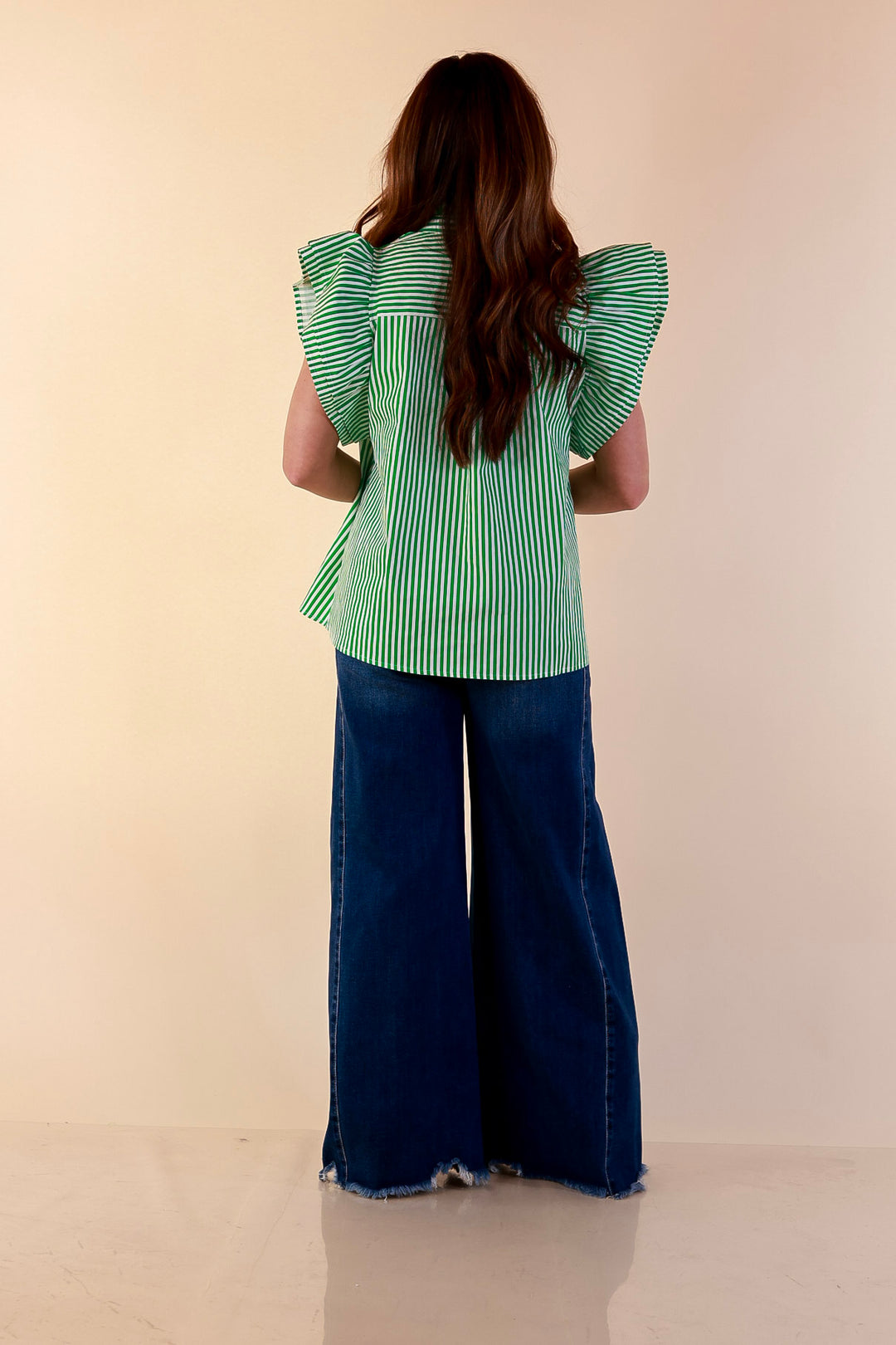 Polished Intentions Ruffle Short Sleeve Button Front Stripe Top in Green and White
