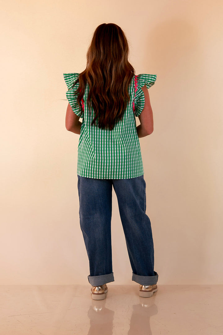 Sweet Tea Social Ruffle Sleeve Gingham Top with Ric Rac Trim in Kelly Green
