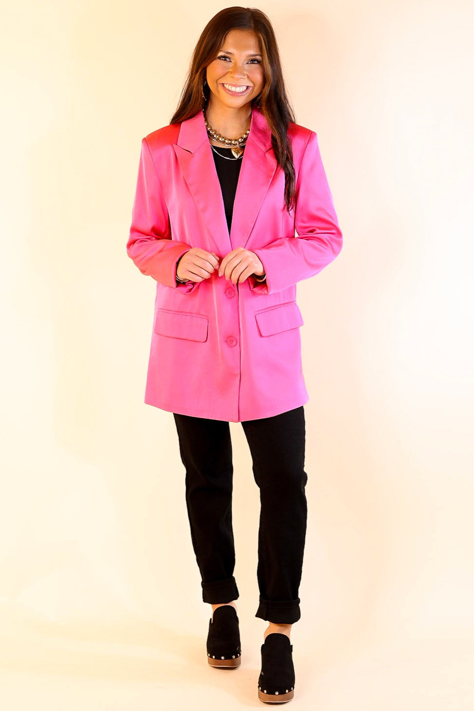 Touch Of Luxury Long Sleeve Satin Blazer in Hot Pink