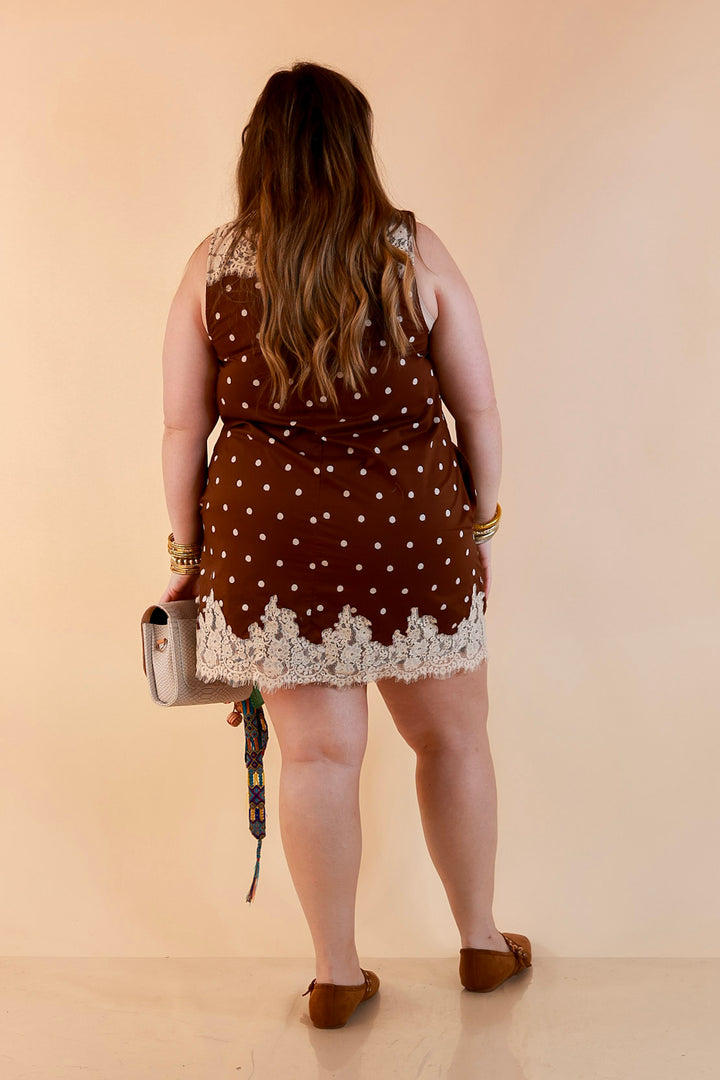 Lovely Little Details Polka Dot Lace Trim Sleeveless Shift Dress in Chocolate Brown and Ivory