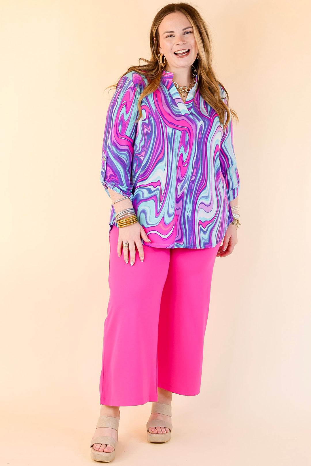 Urban Elegance Marble 3/4 Sleeve Tunic Top in Purple Mix