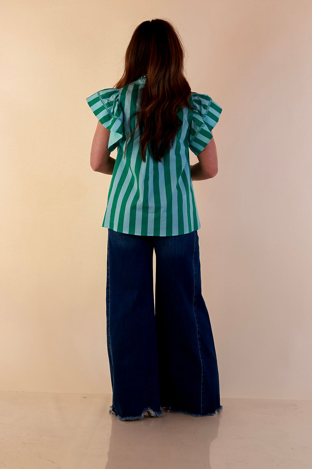 Simply Refined Striped Short Ruffle Sleeve Split Neck Stripe Top in Green and Blue