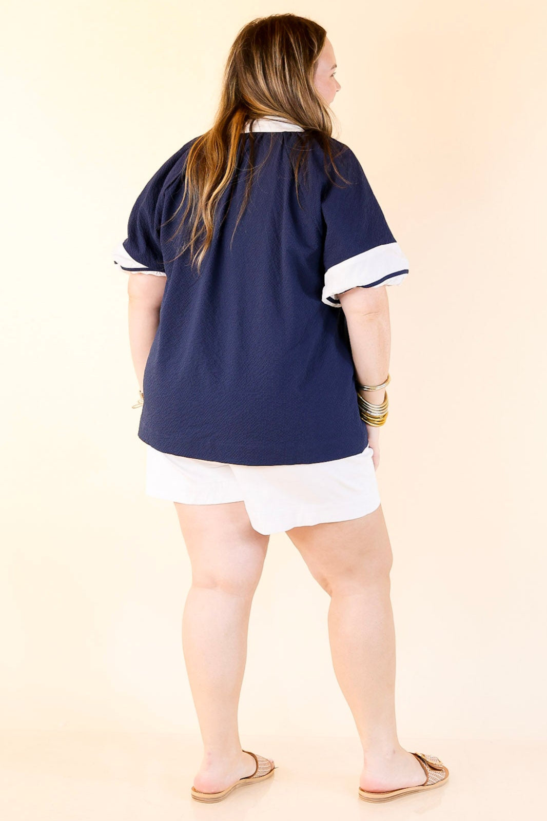 Polished Grace Textured V-Neck Blouse with Contrast Trim in Navy and Ivory