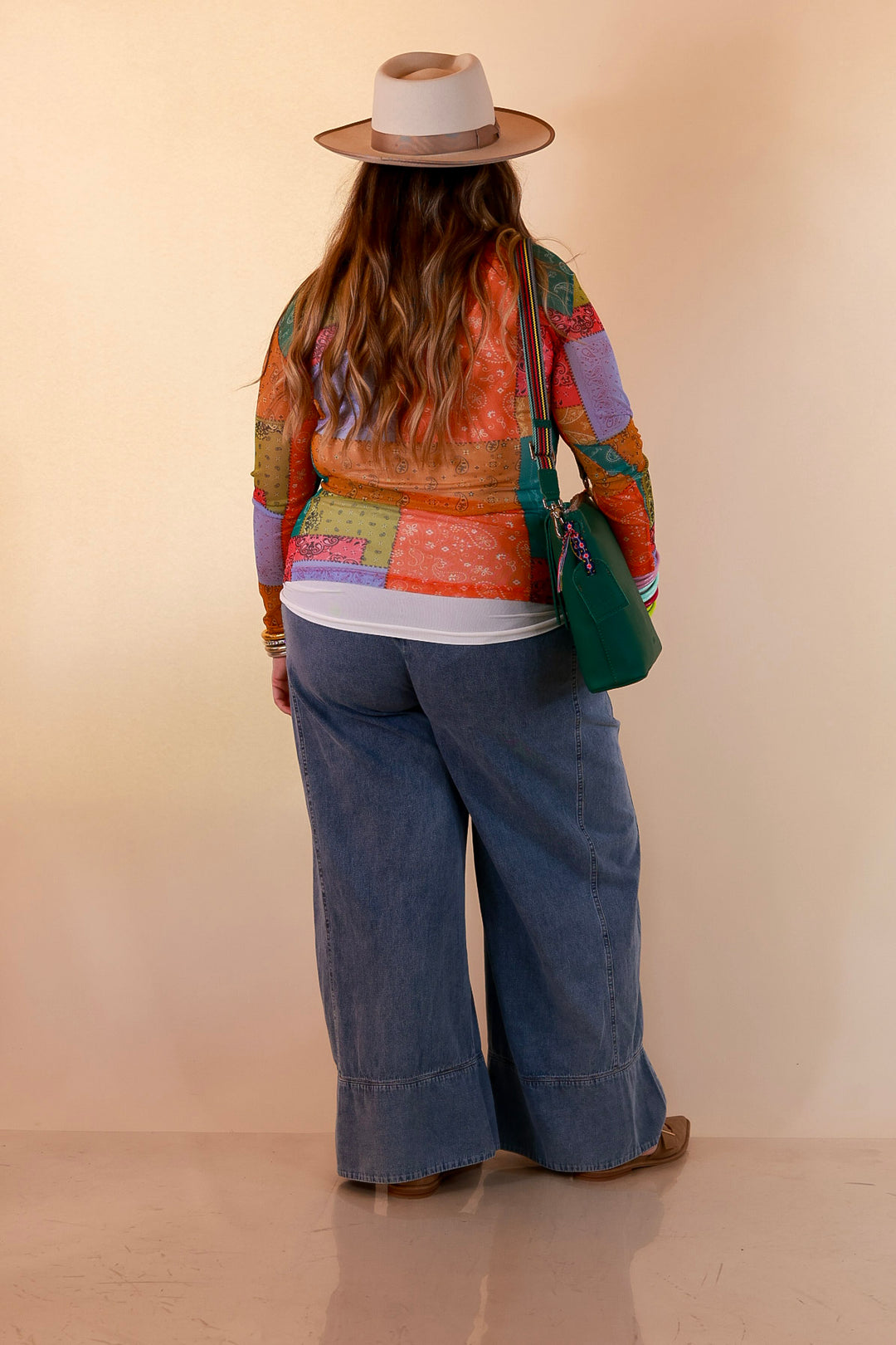 Western Dream Patchwork Paisley Bandana Print Sheer Mesh Long Sleeve Top in Multicolor