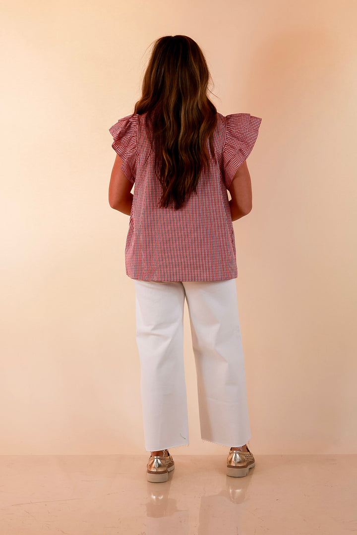 Front Porch Favorite Ruffle Sleeve Button Front Gingham Blouse with Scallop Trim in Dark Crimson Red