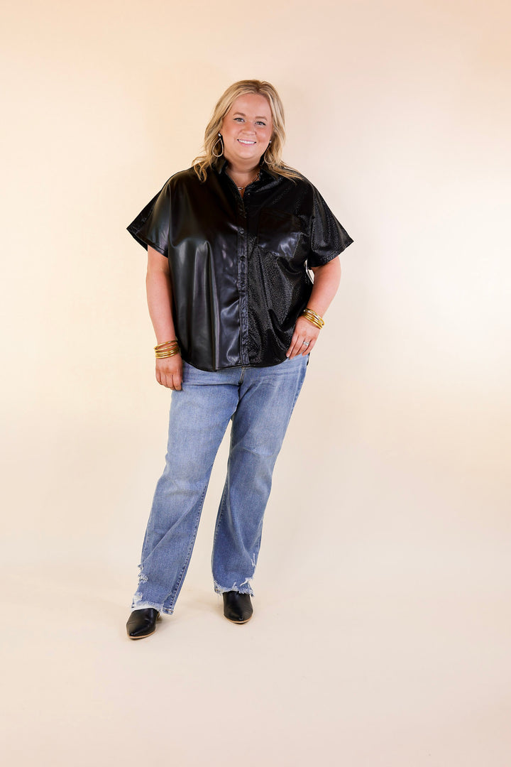 Forever Stylish Faux Leather Snake Print Block Button Up Top in Black