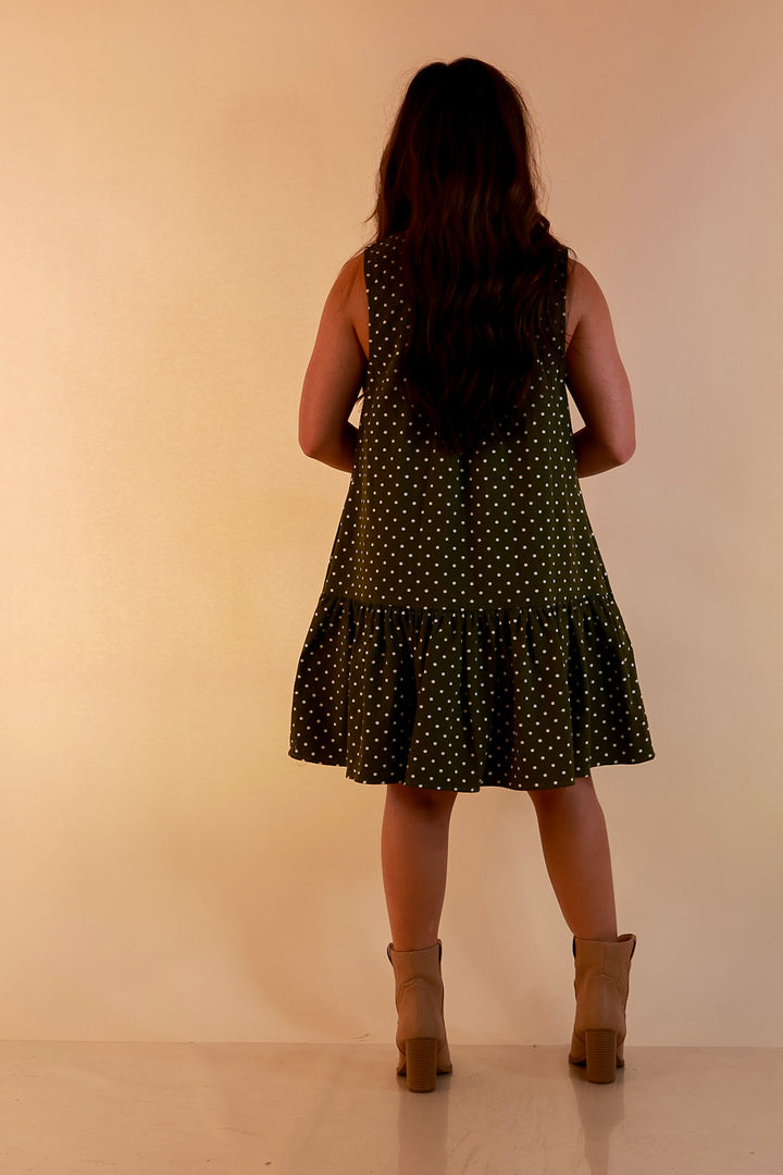 Sweet Spot Denim Polka Dot Bow Neck Tie Button Front Drop Waist Dress in Olive Green