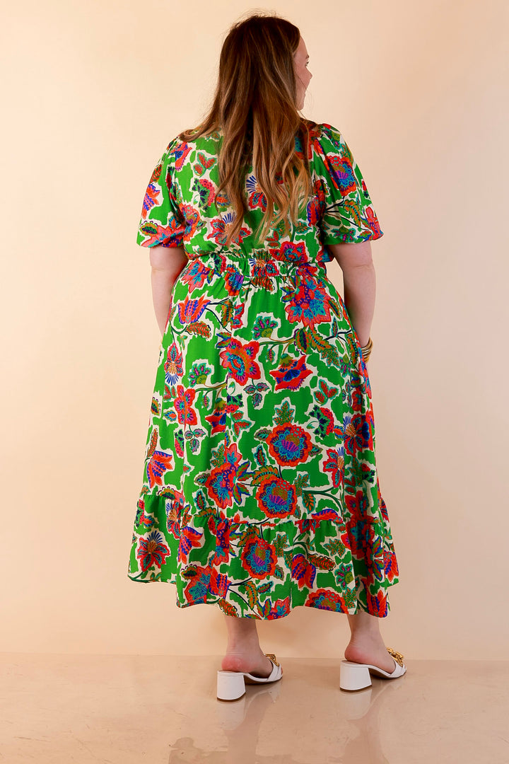 Color Me Happy Floral Print Midi Dress with Tie Neckline and Puff Sleeves in Green