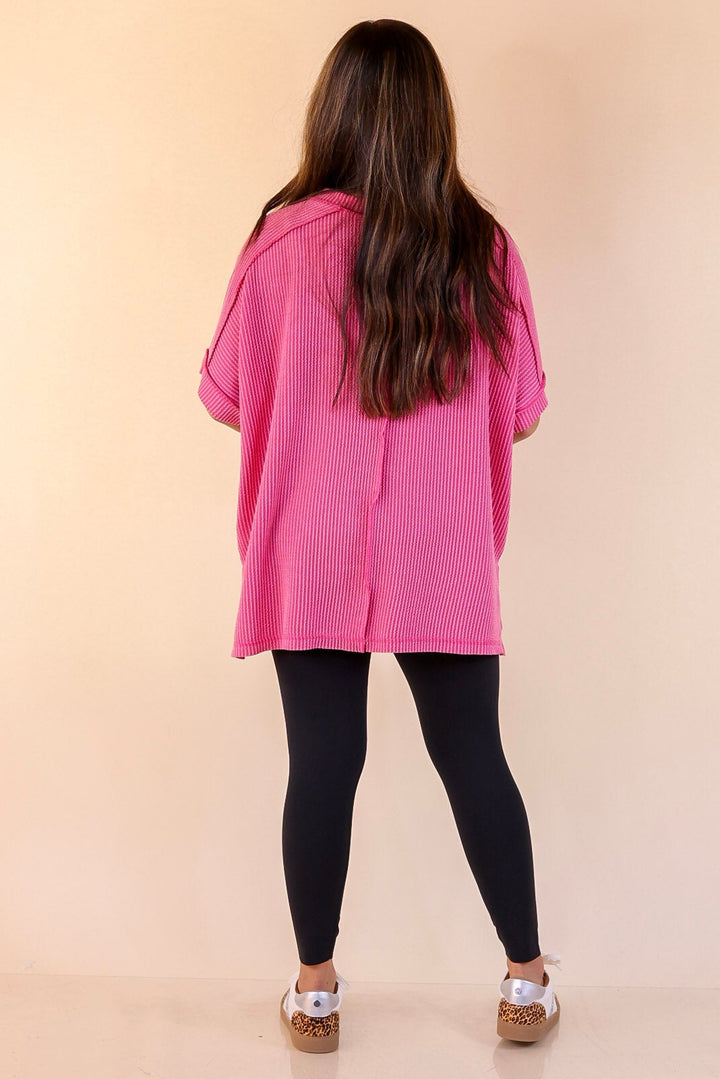 Daily Perfection Scoop Neck Short Sleeve Ribbed Top in Candy Pink