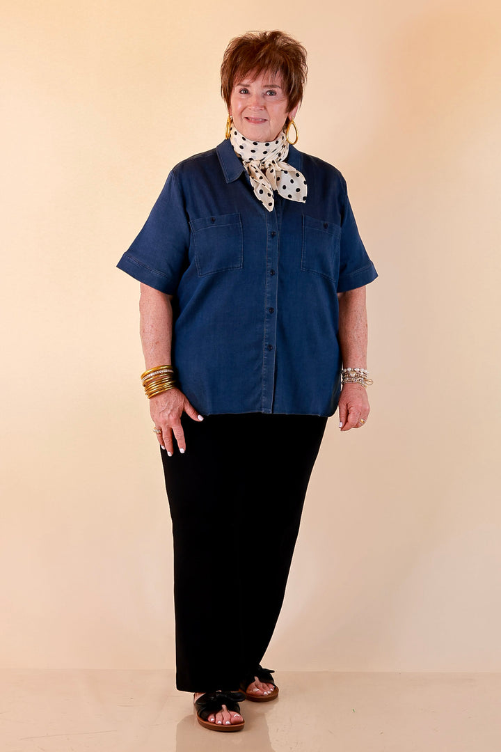 Lyssé | Best Dressed Short Sleeve Button Down Chambray Denim Shirt in Dark Wash