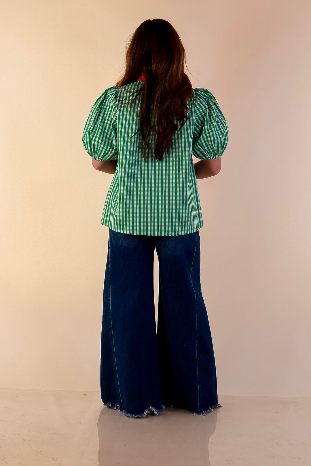 Polished &amp; Playful Short Puff Sleeve Gingham Top with Contrast Hot Pink Trim in Green and White